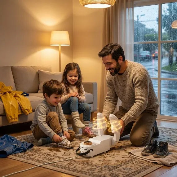 Papá con sus hijos secando zapatillas en casa con lluvia afuera
